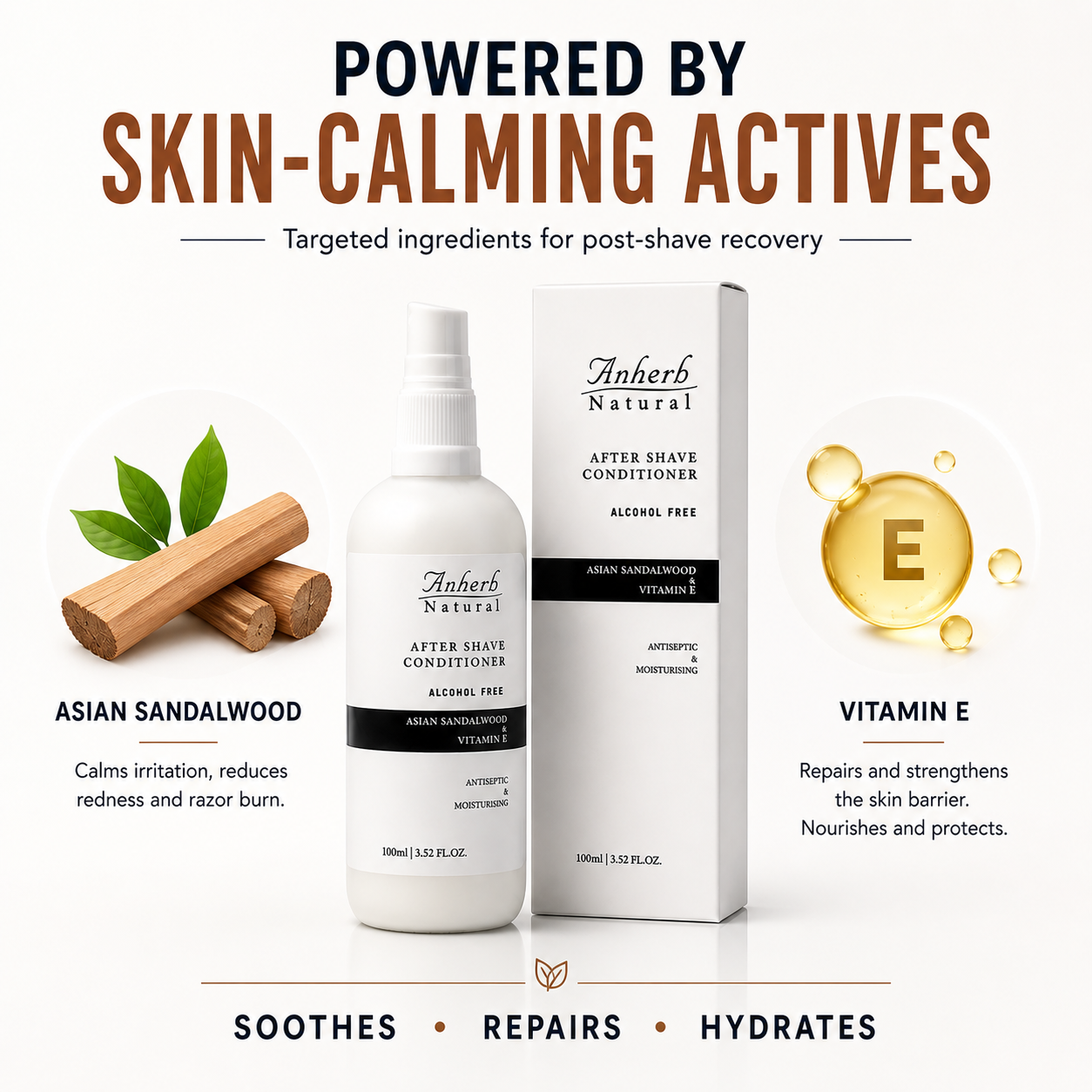 Anherb Natural Premium After Shave Conditioner - 100ml | Asian Sandalwood & Vitamin E Formula | Alcohol-Free, Antiseptic, Anti-Inflammatory