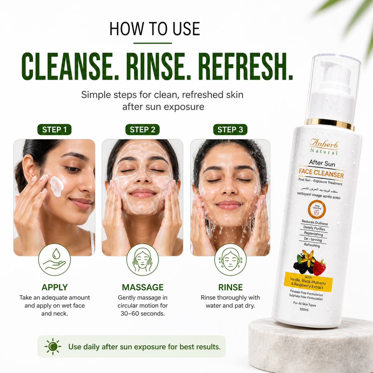 Anherb Natural After Sun Face Cleanser | Paraben Free | Wash For Brighter And Glowing Skin | All Skin Types | 100 ml
