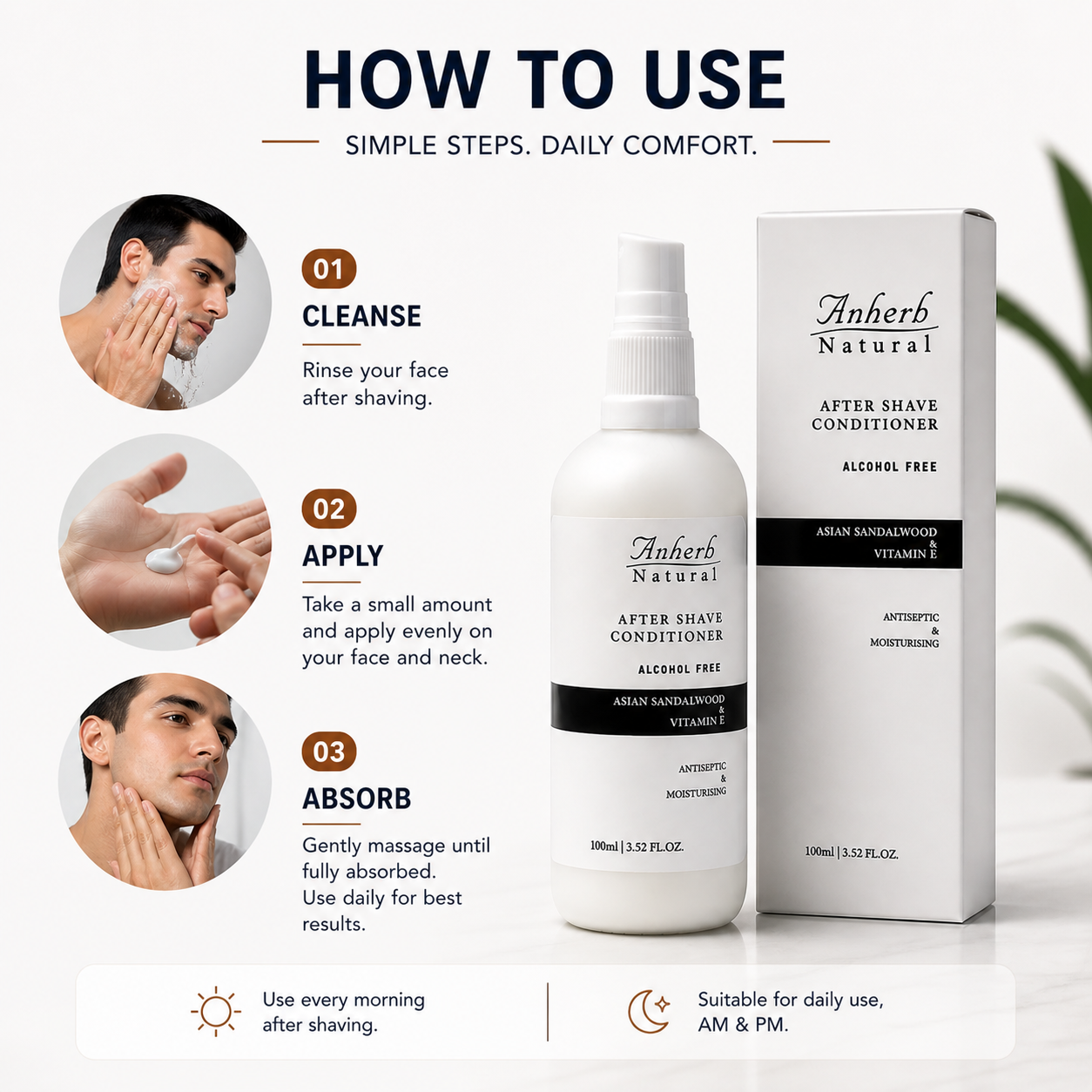 Anherb Natural Premium After Shave Conditioner - 100ml | Asian Sandalwood & Vitamin E Formula | Alcohol-Free, Antiseptic, Anti-Inflammatory