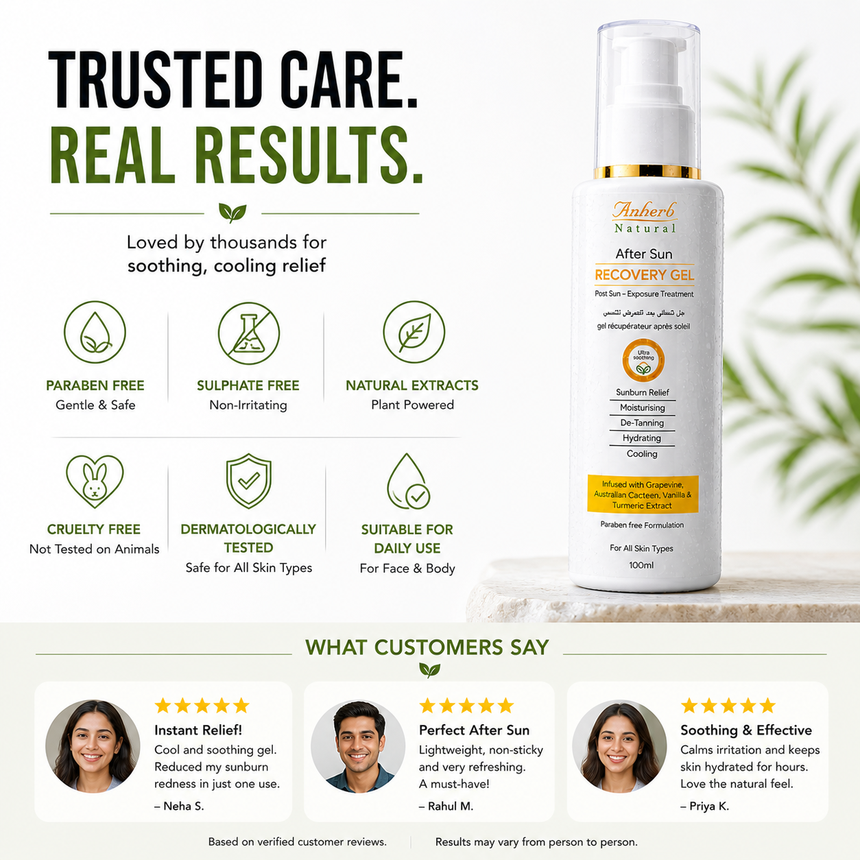 Anherb Natural After Sun Recovery Gel, UV - A & UV - B Protection | Paraben Free Formulation| All Skin Types|100 ml