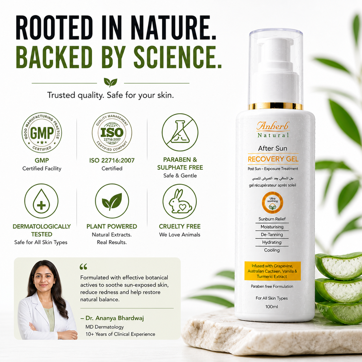 Anherb Natural After Sun Recovery Gel, UV - A & UV - B Protection | Paraben Free Formulation| All Skin Types|100 ml