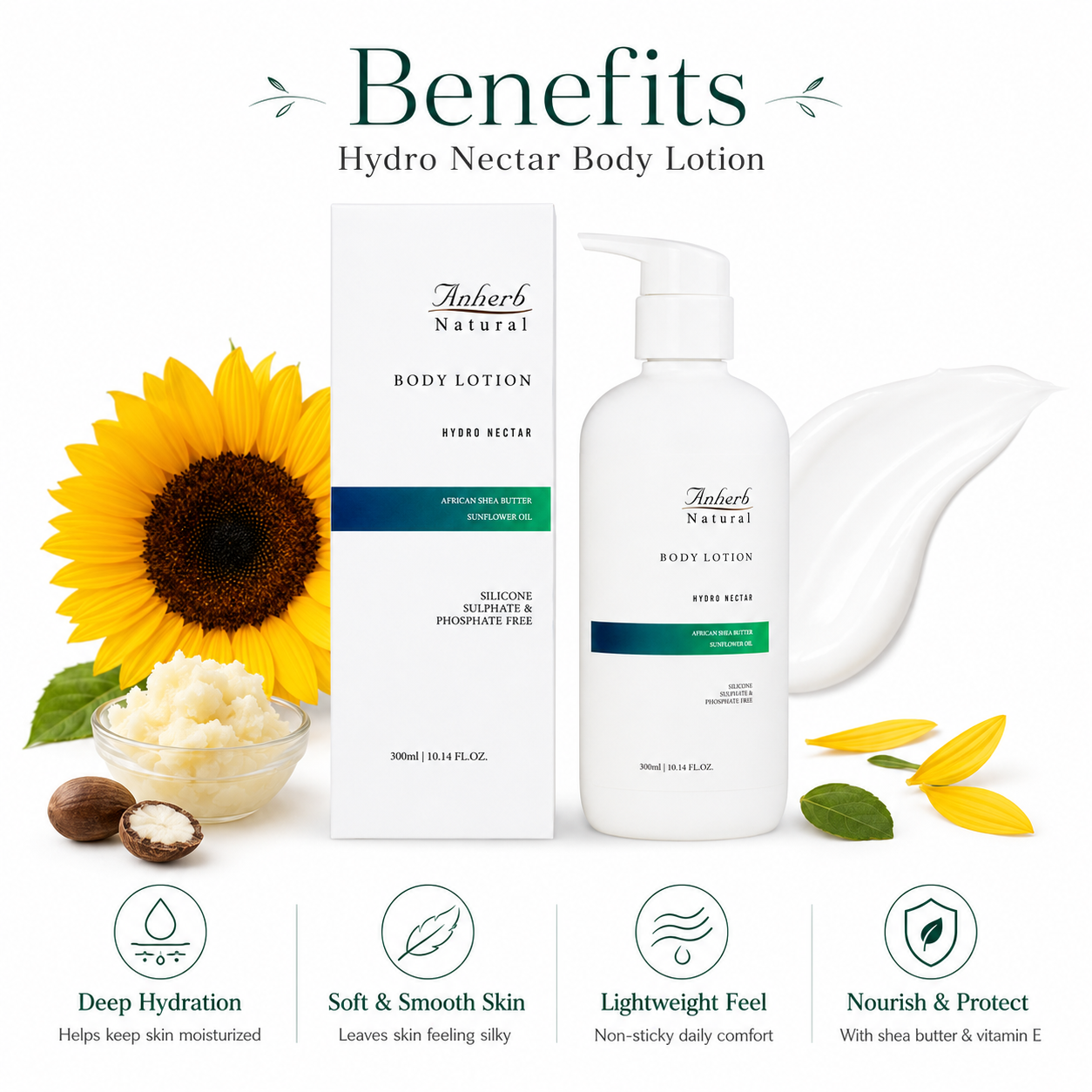 Anherb Hydro Nectar Body Lotion | Deep Hydration Body Moisturizer with Shea Butter & Vitamin E | 300ml