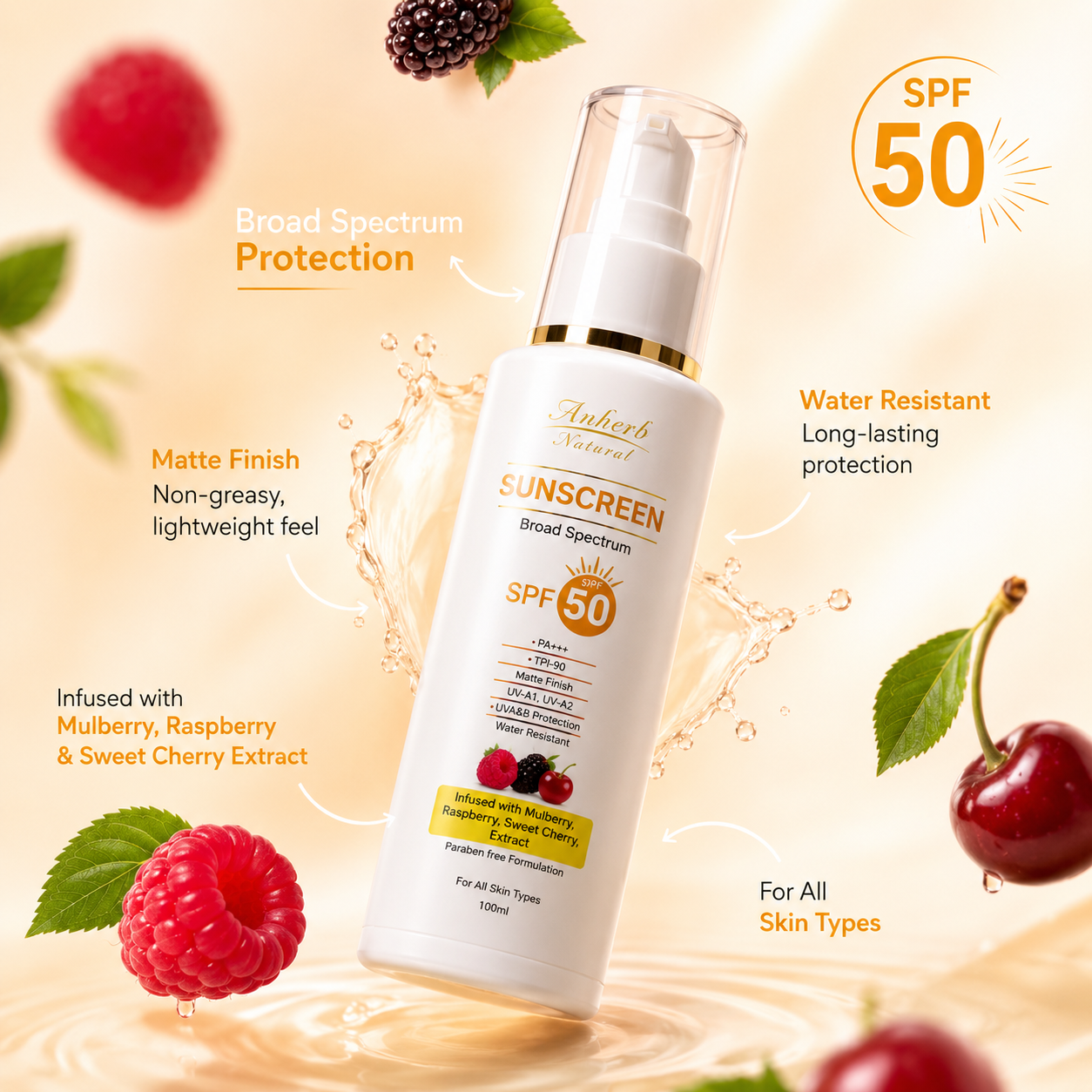 Anherb SPF 50 Sunscreen Lotion, UVA & UVB Protection| Broad Spectrum PA+++ Sunscreen | 100ml