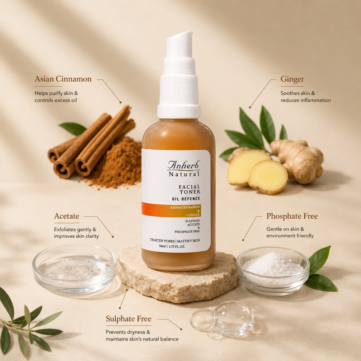 Anherb Natural Oil Defence Facial Gel Toner - 50 ml | Asian Cinnamon & Ginger | Oil Control, Pore Tightening
