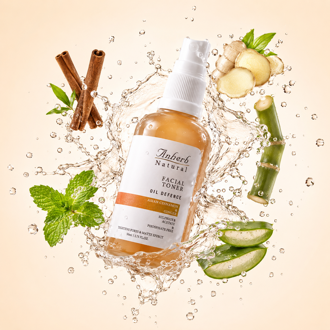 Anherb Natural Oil Defence Facial Gel Toner - 50 ml | Asian Cinnamon & Ginger | Oil Control, Pore Tightening