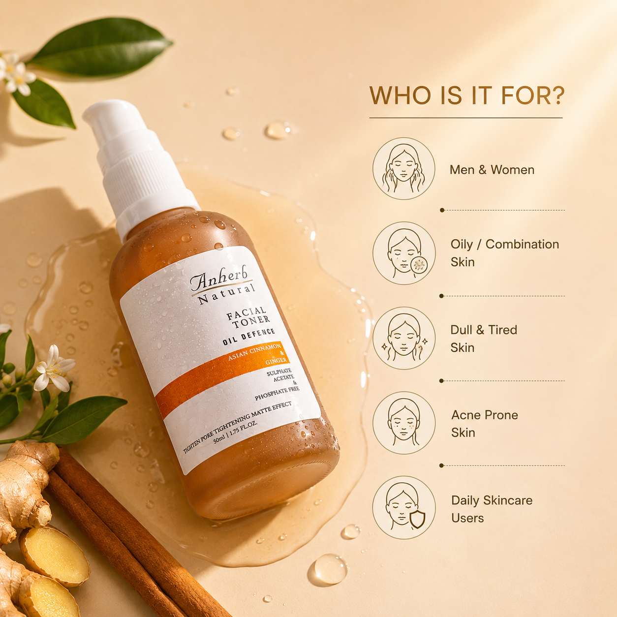 Anherb Natural Oil Defence Facial Gel Toner - 50 ml | Asian Cinnamon & Ginger | Oil Control, Pore Tightening
