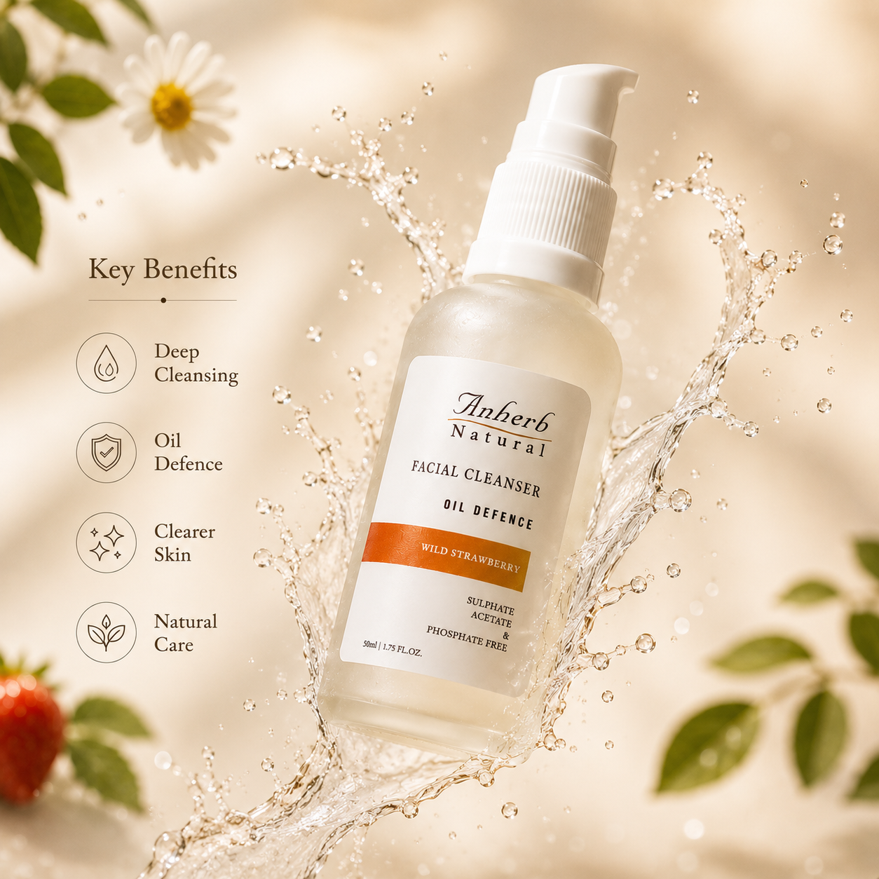 Anherb Natural Oil Defence | Gel Based Facial Cleanser - 50 ml | Wild Strawberry&