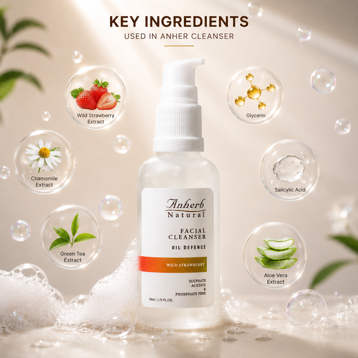 Anherb Natural Oil Defence | Gel Based Facial Cleanser - 50 ml | Wild Strawberry&