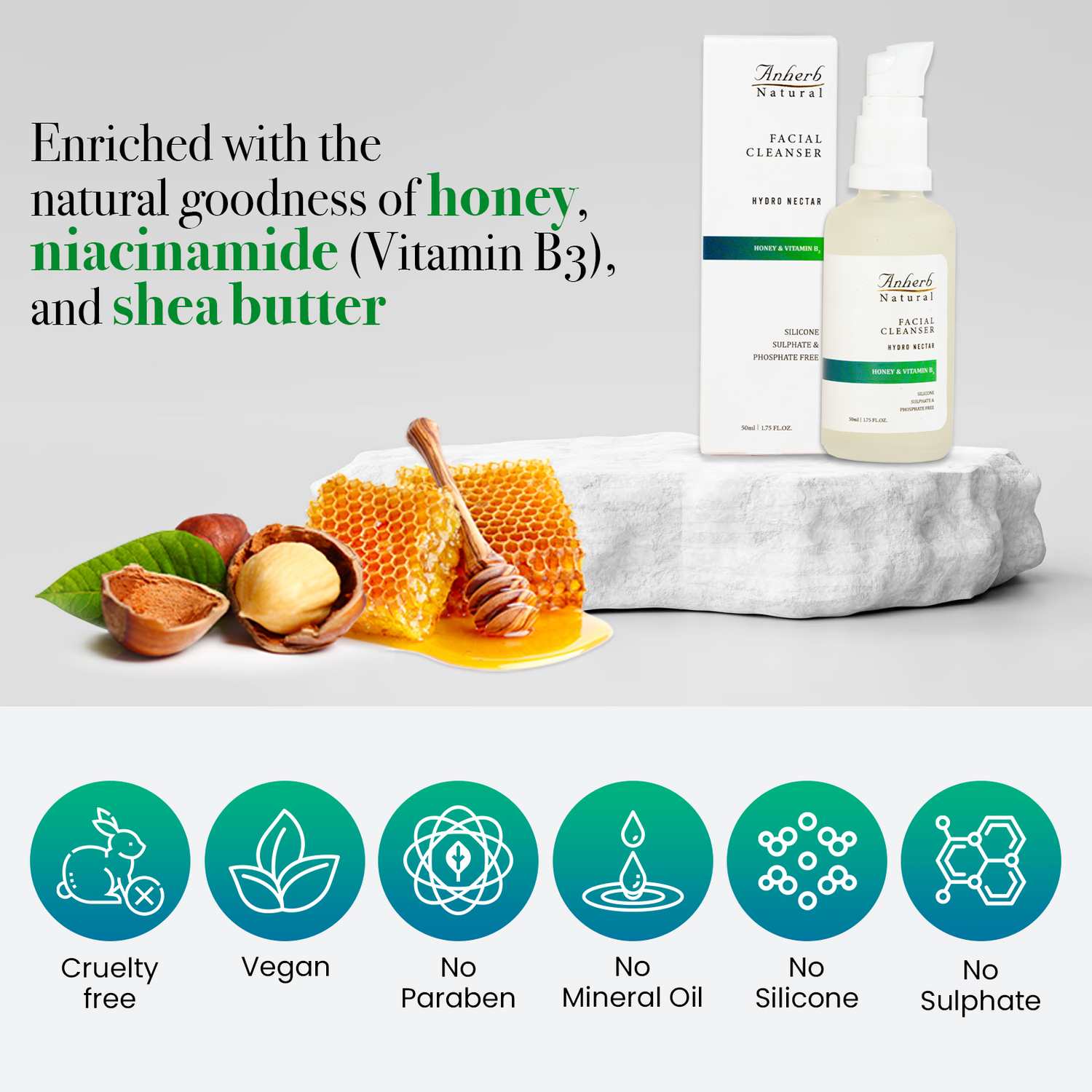Anherb Natural Hydro Nectar Facial Cleanser | Honey & Vitamin B3 Radiance For Gentle Hydration