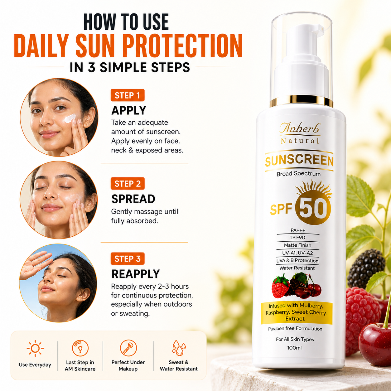 Anherb SPF 50 Sunscreen Lotion, UVA & UVB Protection| Broad Spectrum PA+++ Sunscreen | 100ml