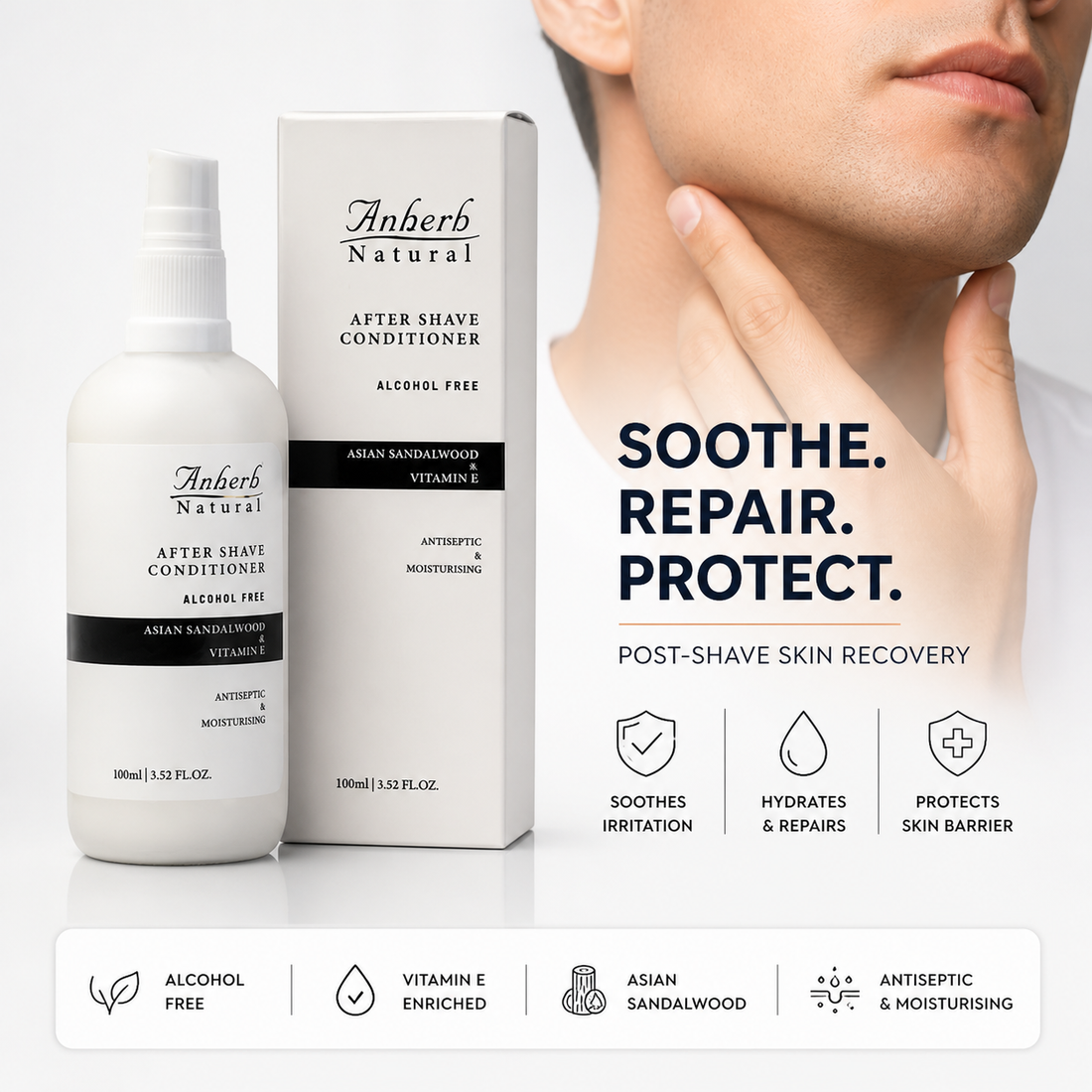Anherb Natural Premium After Shave Conditioner - 100ml | Asian Sandalwood &amp; Vitamin E Formula | Alcohol-Free, Antiseptic, Anti-Inflammatory