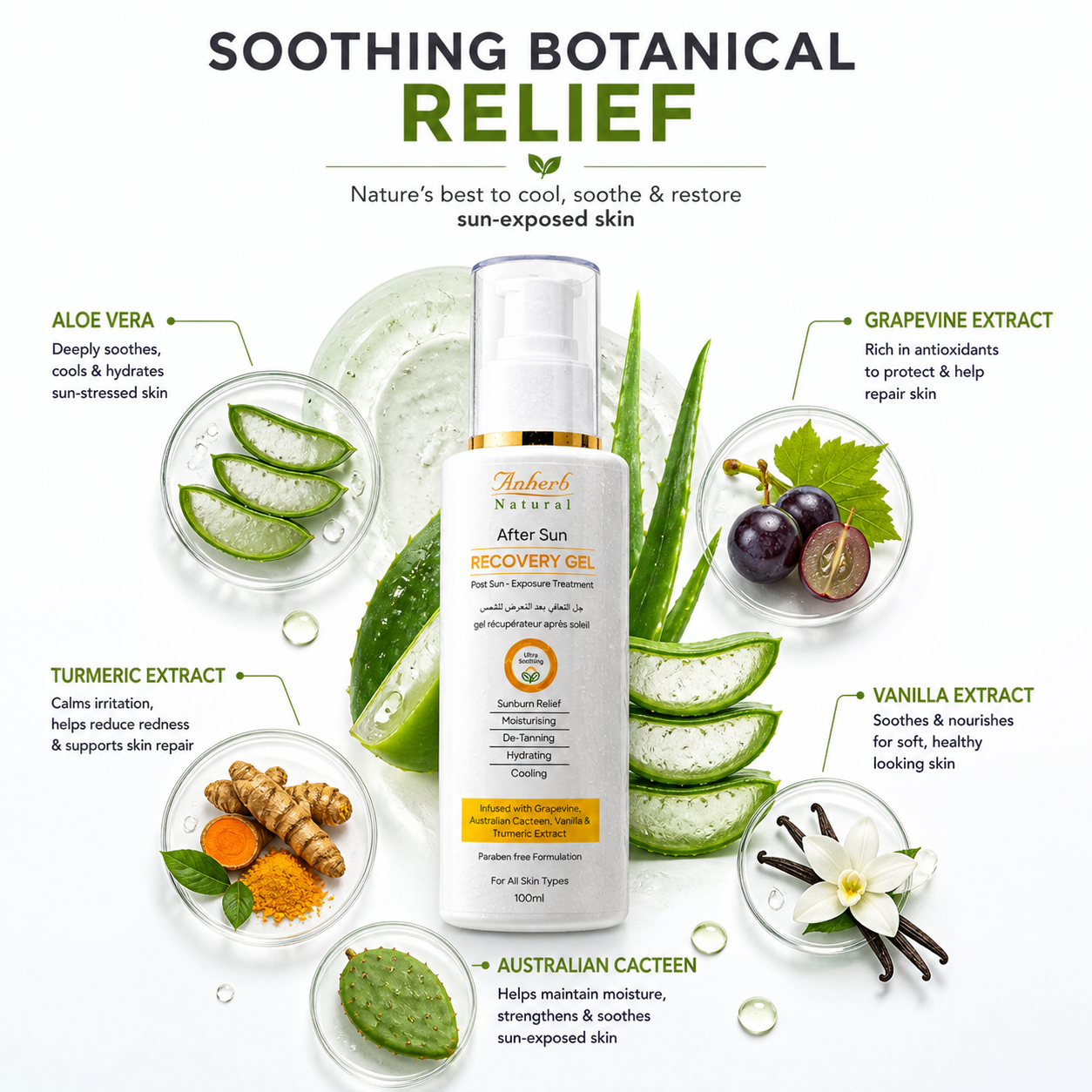 Anherb Natural After Sun Recovery Gel, UV - A &amp; UV - B Protection | Paraben Free Formulation| All Skin Types|100 ml