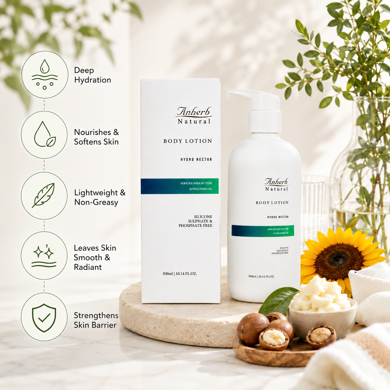Anherb Hydro Nectar Body Lotion | Deep Hydration Body Moisturizer with Shea Butter &amp; Vitamin E | 300ml