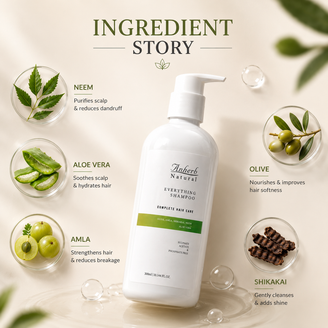 Anherb Everything Shampoo | Nourishing &amp; Strengthening Shampoo with Olive, Amla, Shikakai, Neem &amp; Aloe Vera | 300ml