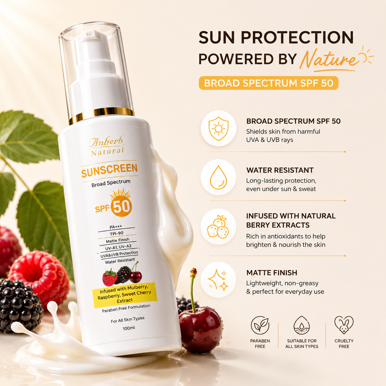 Anherb SPF 50 Sunscreen Lotion, UVA &amp; UVB Protection| Broad Spectrum PA+++ Sunscreen | 100ml