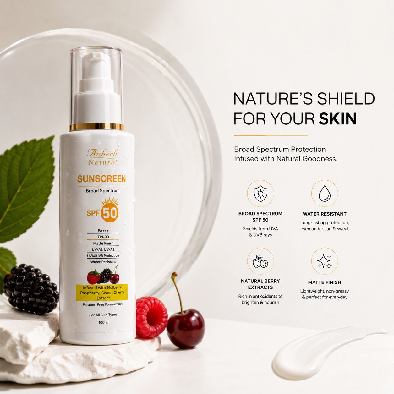 Anherb SPF 50 Sunscreen Lotion, UVA &amp; UVB Protection| Broad Spectrum PA+++ Sunscreen | 100ml