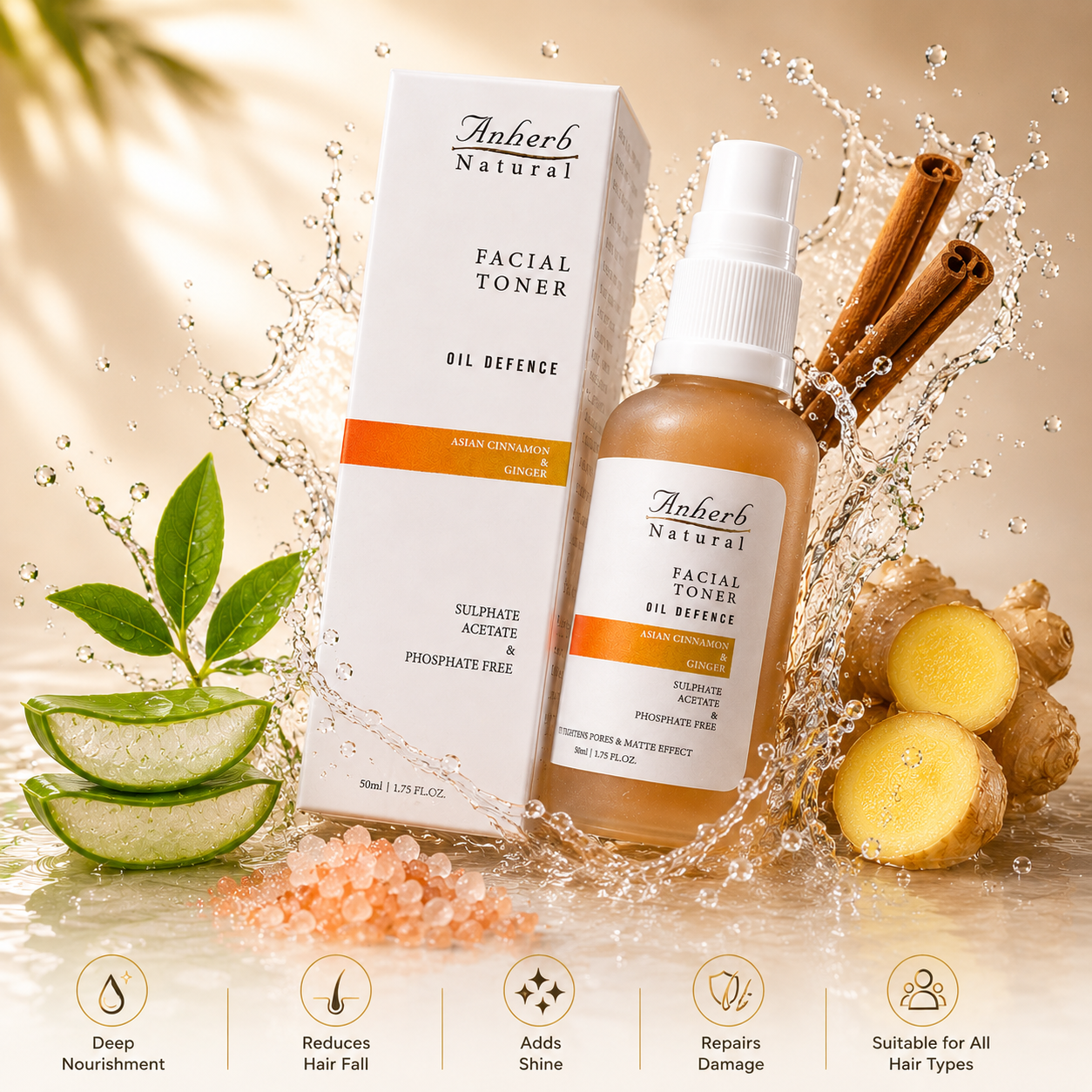 Anherb Natural Oil Defence Facial Gel Toner - 50 ml | Asian Cinnamon &amp; Ginger | Oil Control, Pore Tightening