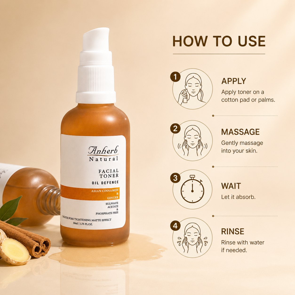Anherb Natural Oil Defence Facial Gel Toner - 50 ml | Asian Cinnamon &amp; Ginger | Oil Control, Pore Tightening