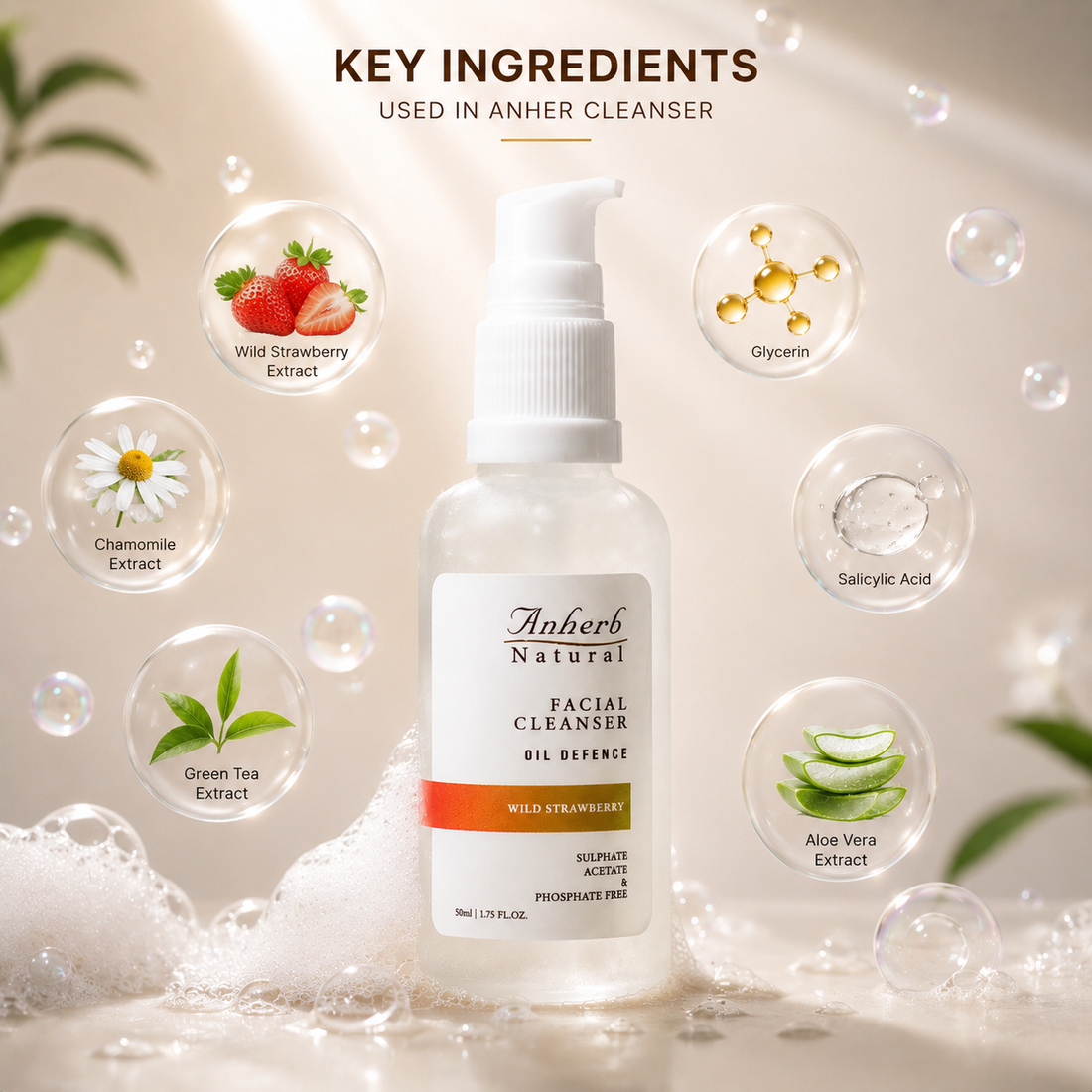 Anherb Natural Oil Defence | Gel Based Facial Cleanser - 50 ml | Wild Strawberry&