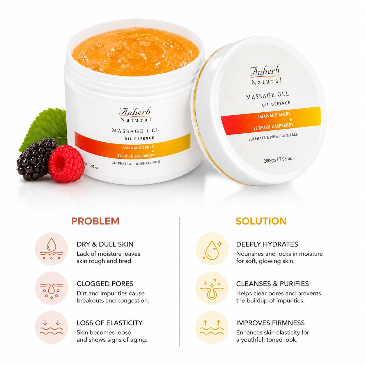Anherb Oil Defence Massage Gel | Asian Mulberry &amp; Turkish Raspberry| 200g