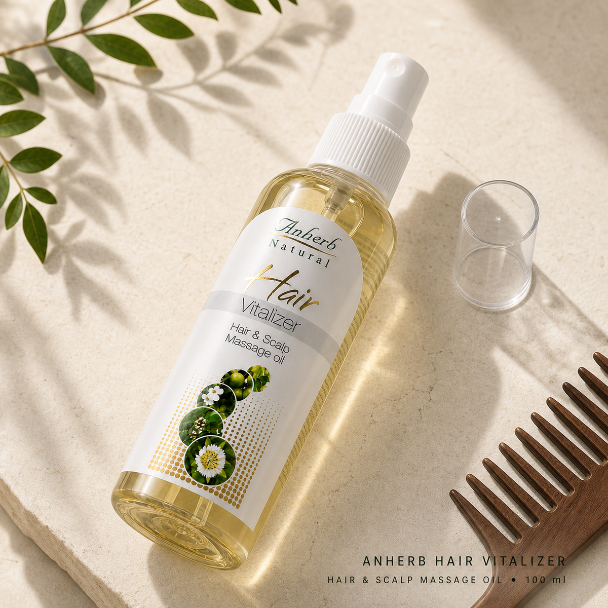 Anherb Hair Vitalizer bottle and carton in a premium herbal hair care setting