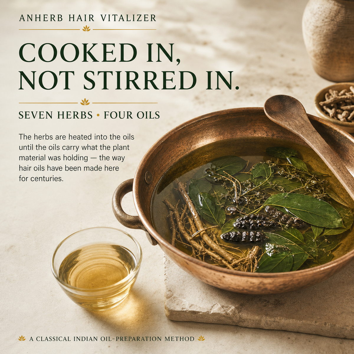 Herbal oil preparation for Anherb Hair Vitalizer shown in a bowl