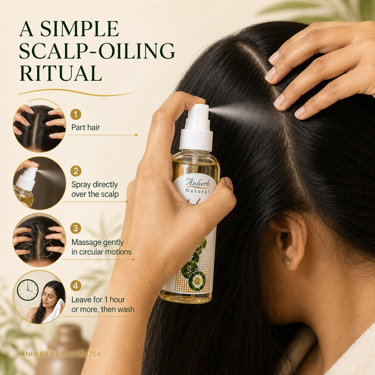 Applying Anherb Hair Vitalizer directly to the scalp with its fine-mist spray pump