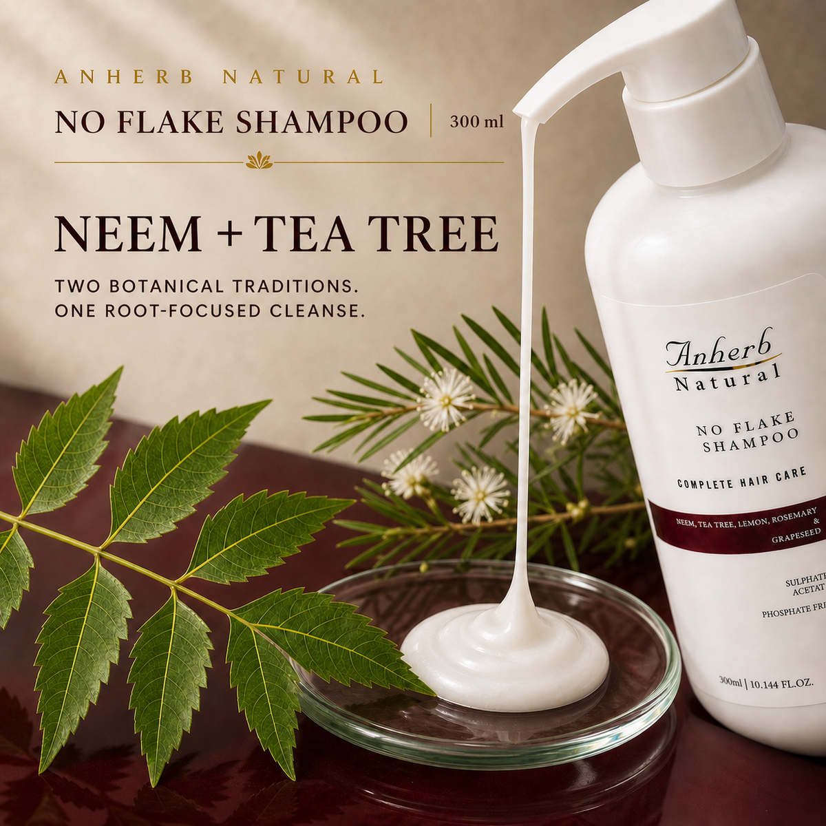 Neem and tea tree botanical story for ANHERB Natural No Flake Shampoo