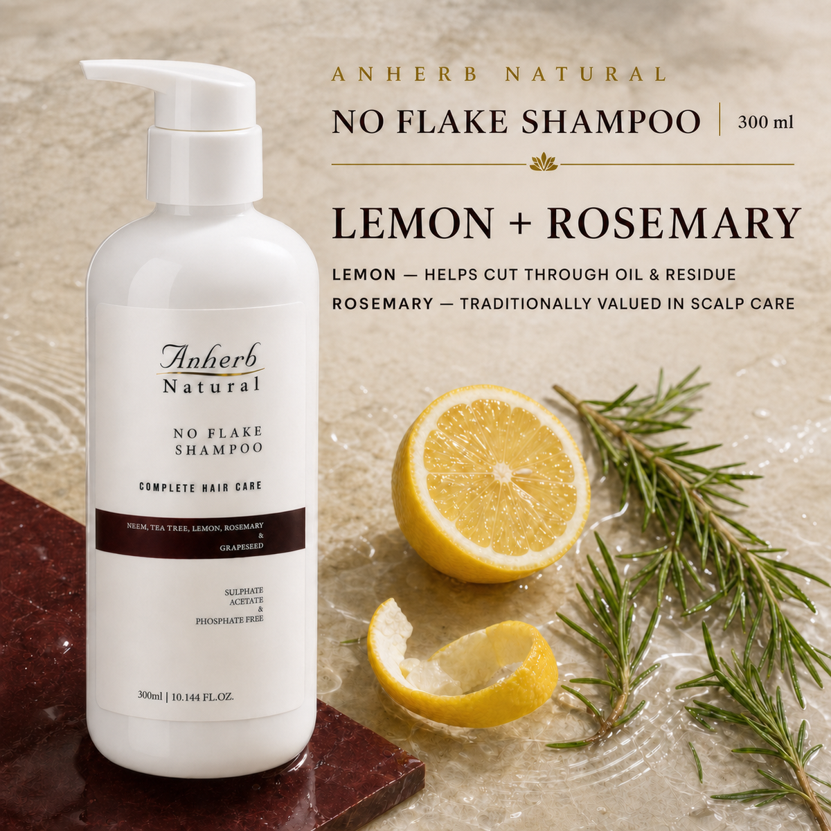 Lemon and rosemary botanical story for ANHERB Natural No Flake Shampoo
